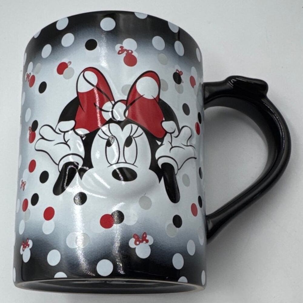Disney Parks Minnie Mouse 3D Textured Coffee Mug Cup Black Red White Polka Dots
